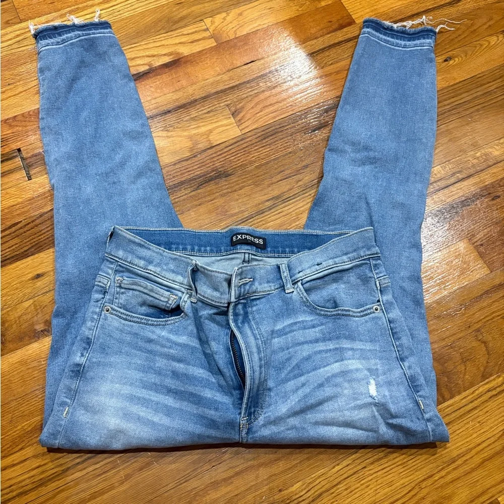 Express Blue Skinny Jeans with Distressed Details - Picture 4 of 7